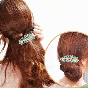 Leaf shaped hair pin clip Handmade green teal
